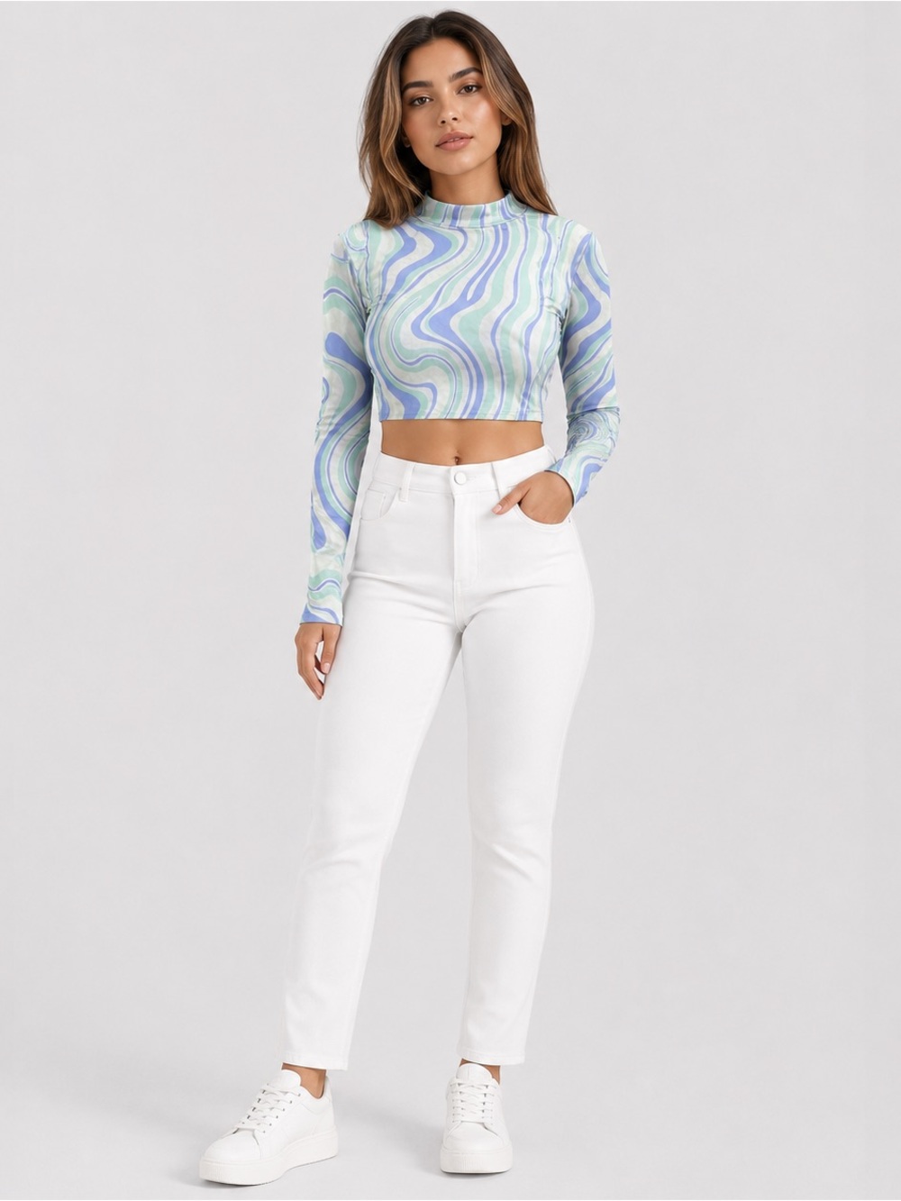 SHEIN Pastel Swirl Long Sleeve Crop Top – Size XS | Retro Wave Mock Neck